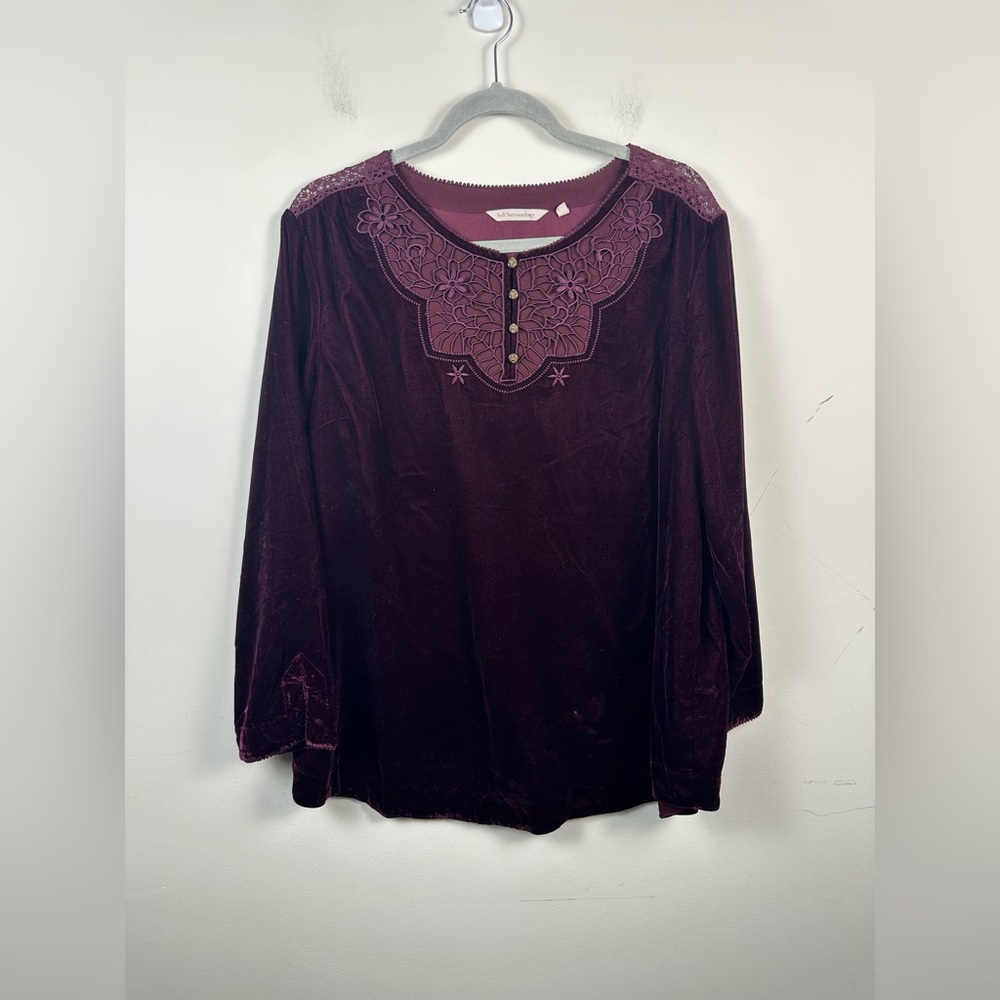 Soft Surroundings Plum Velvet Embroidered Henley Blouse